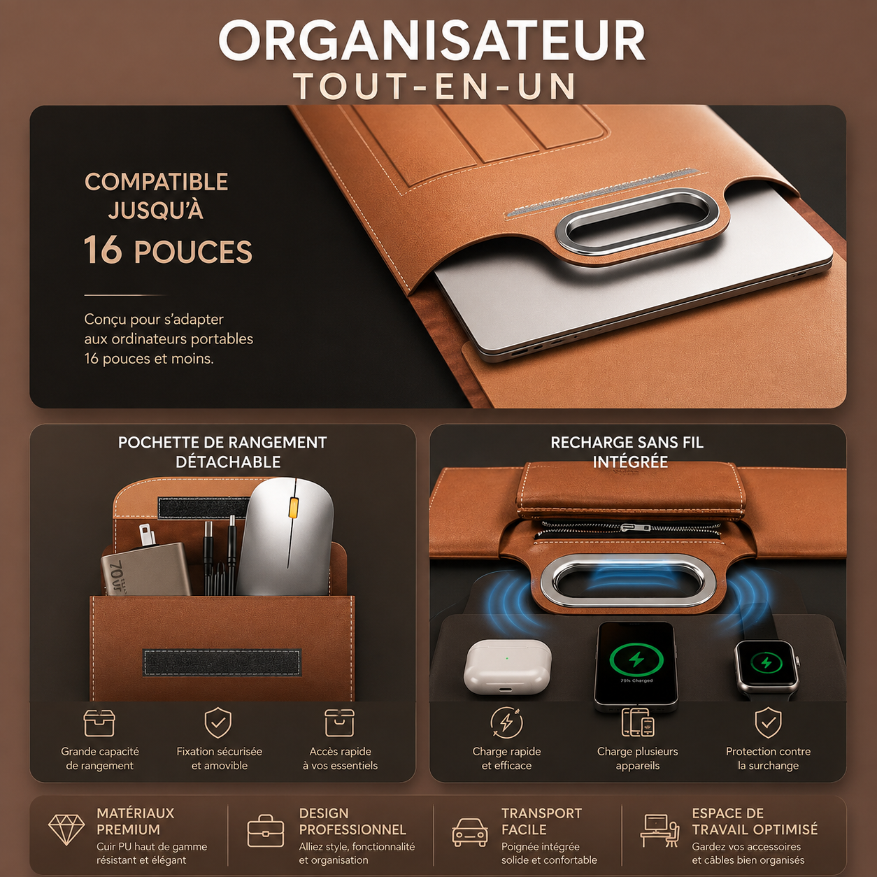 💼 Nuratek PowerSleeve Pro™ | Sacoche Laptop 5-en-1 avec Recharge Sans Fil