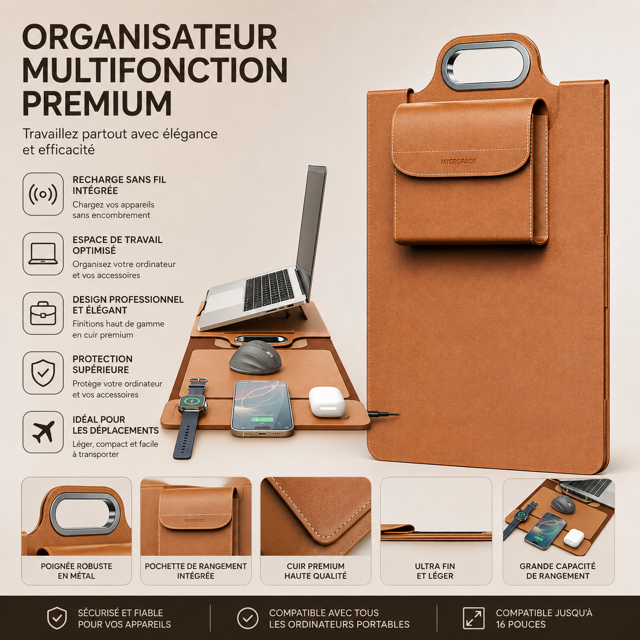 💼 Nuratek PowerSleeve Pro™ | Sacoche Laptop 5-en-1 avec Recharge Sans Fil