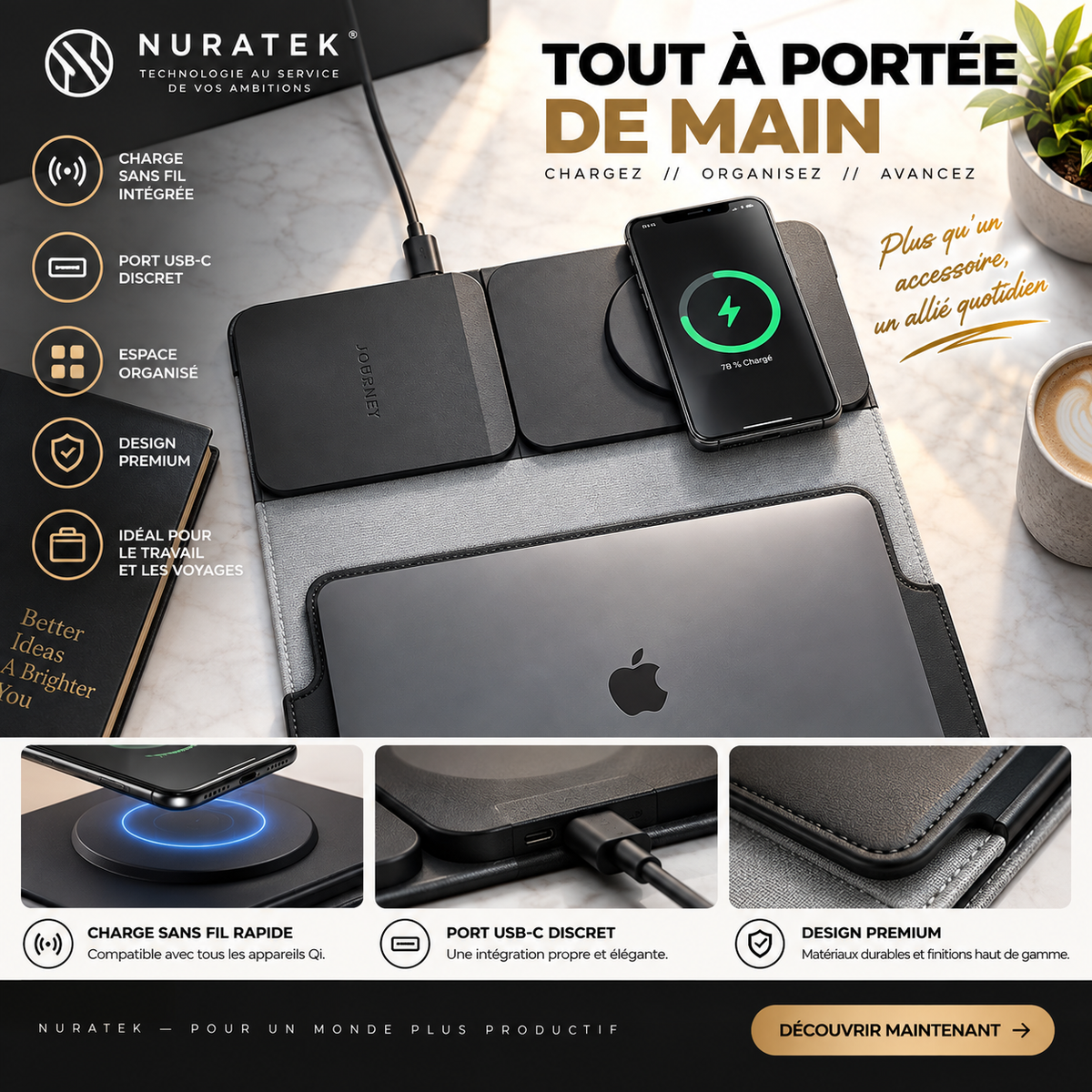 💼 NURATEK SMARTDESK PRO™ Sacoche Laptop 5-en-1 avec Charge Sans Fil