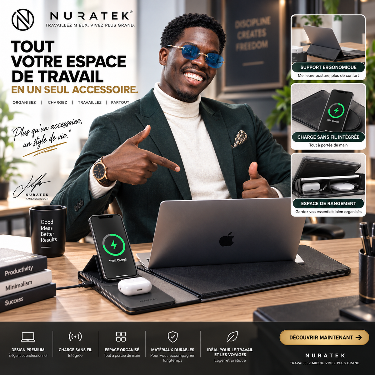 💼 NURATEK SMARTDESK PRO™ Sacoche Laptop 5-en-1 avec Charge Sans Fil
