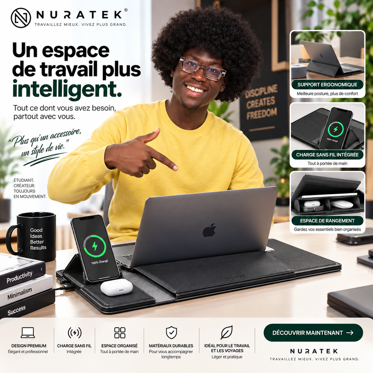💼 NURATEK SMARTDESK PRO™ Sacoche Laptop 5-en-1 avec Charge Sans Fil