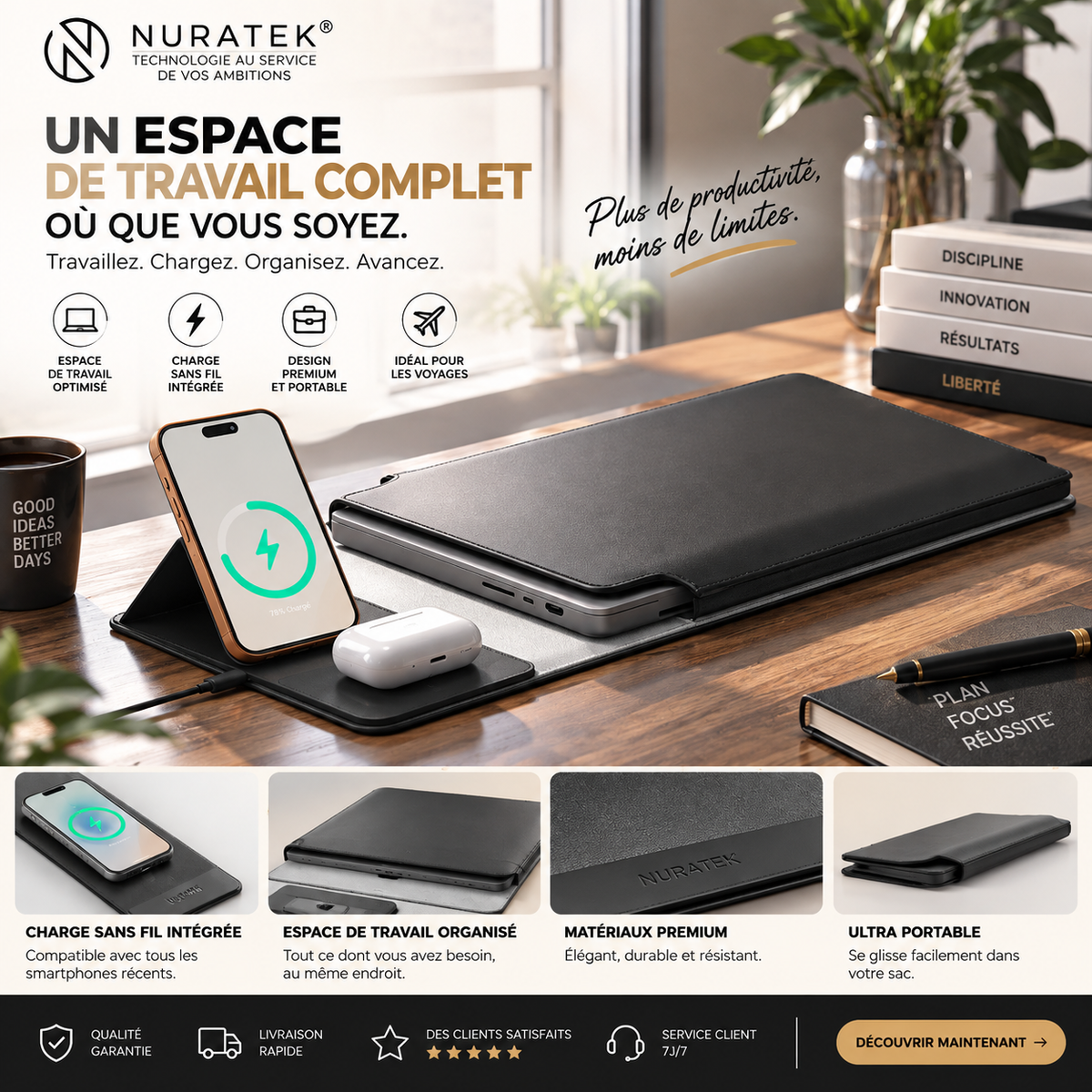 💼 NURATEK SMARTDESK PRO™ Sacoche Laptop 5-en-1 avec Charge Sans Fil