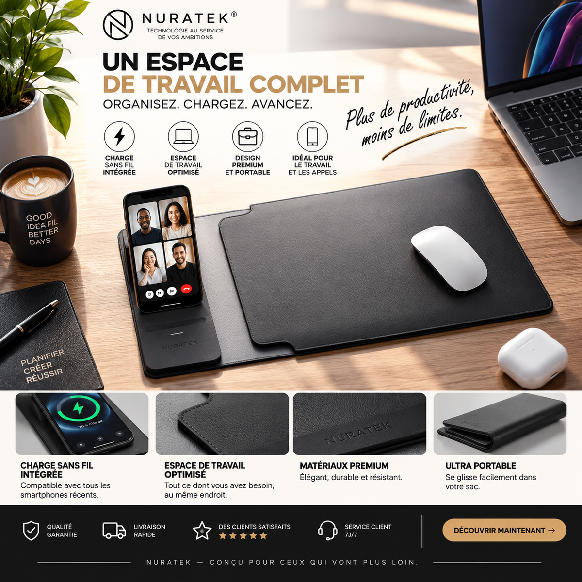 💼 NURATEK SMARTDESK PRO™ Sacoche Laptop 5-en-1 avec Charge Sans Fil