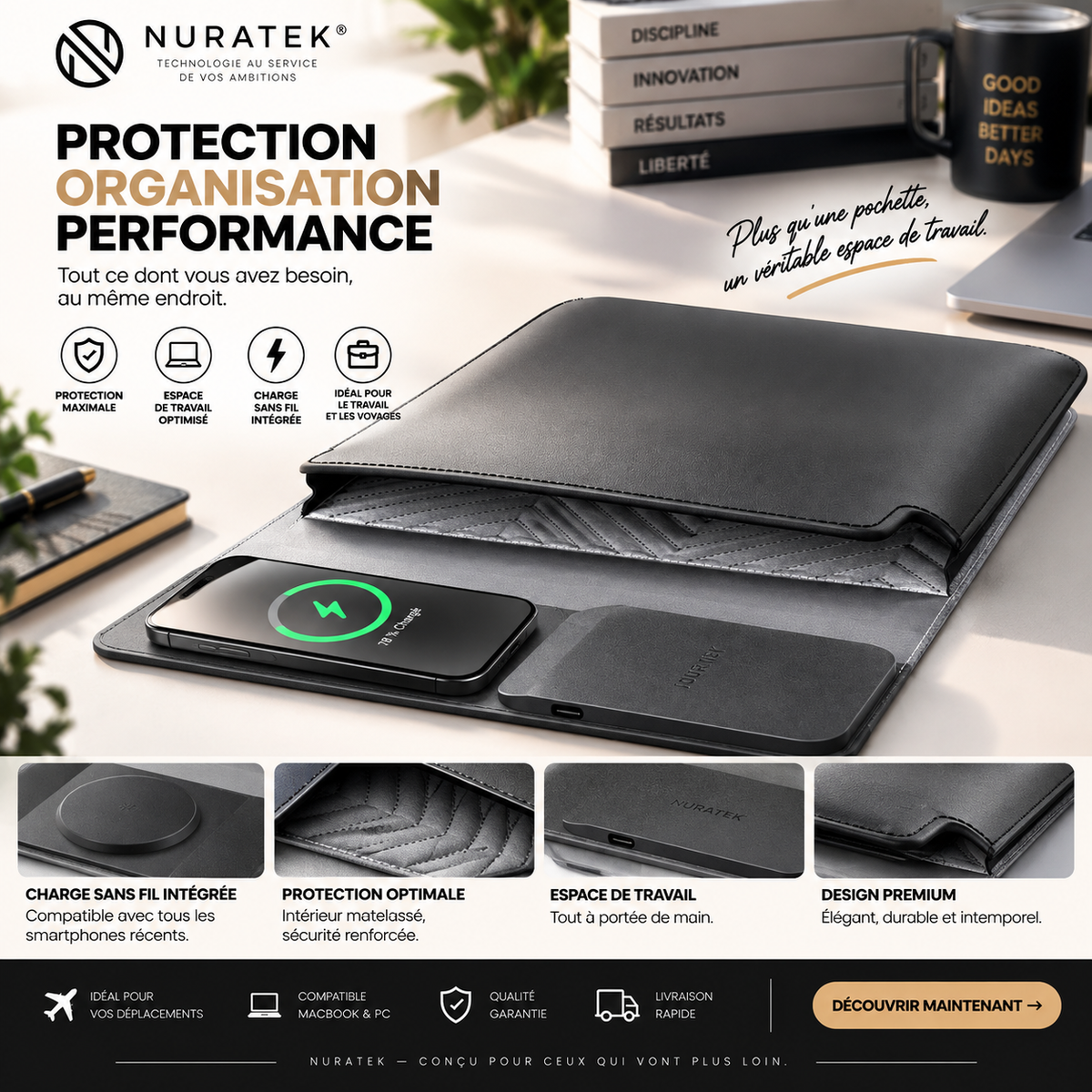 💼 NURATEK SMARTDESK PRO™ Sacoche Laptop 5-en-1 avec Charge Sans Fil