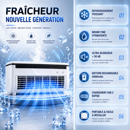 Mini Climatiseur Portable avec Brumisateur – Ventilateur Rechargeable 6000mAh