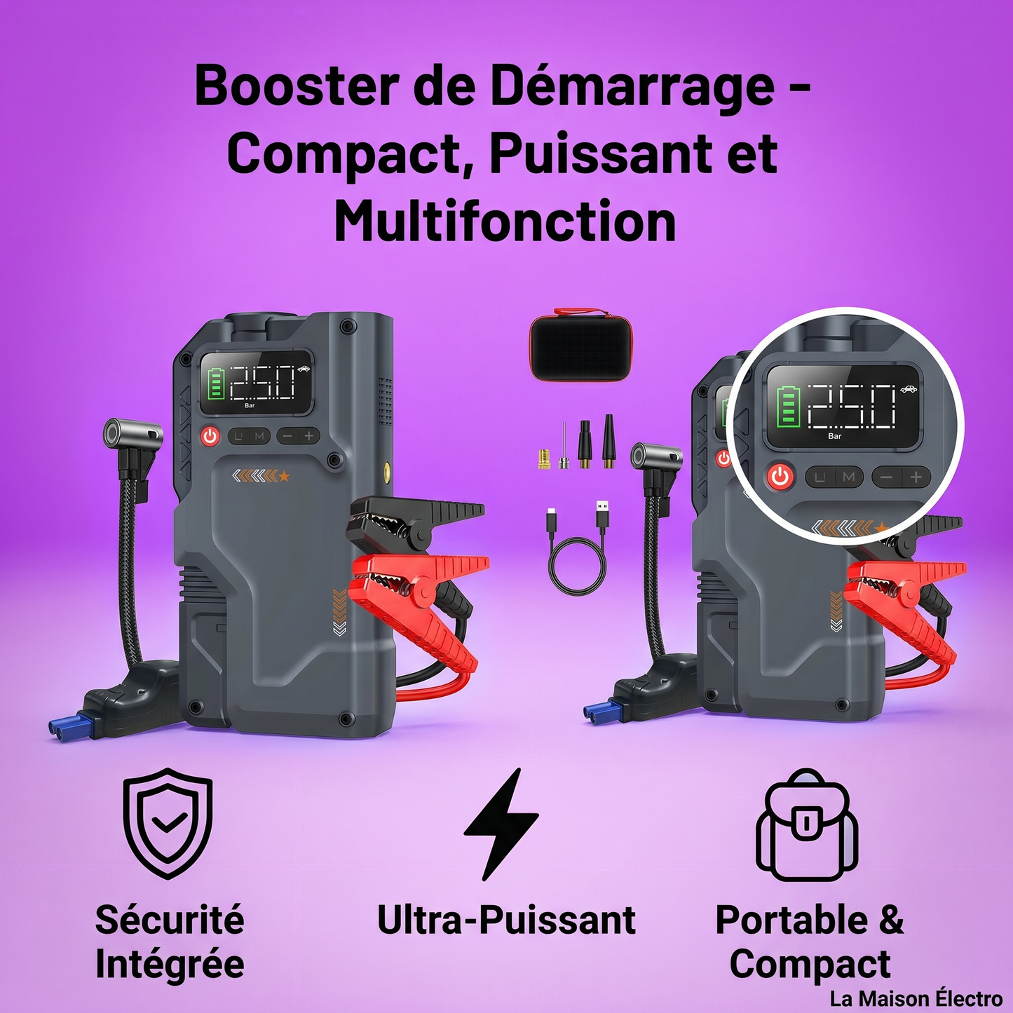 Booster de Batterie 2500A avec Compresseur d'Air Intelligent – Démarrage Rapide 12V