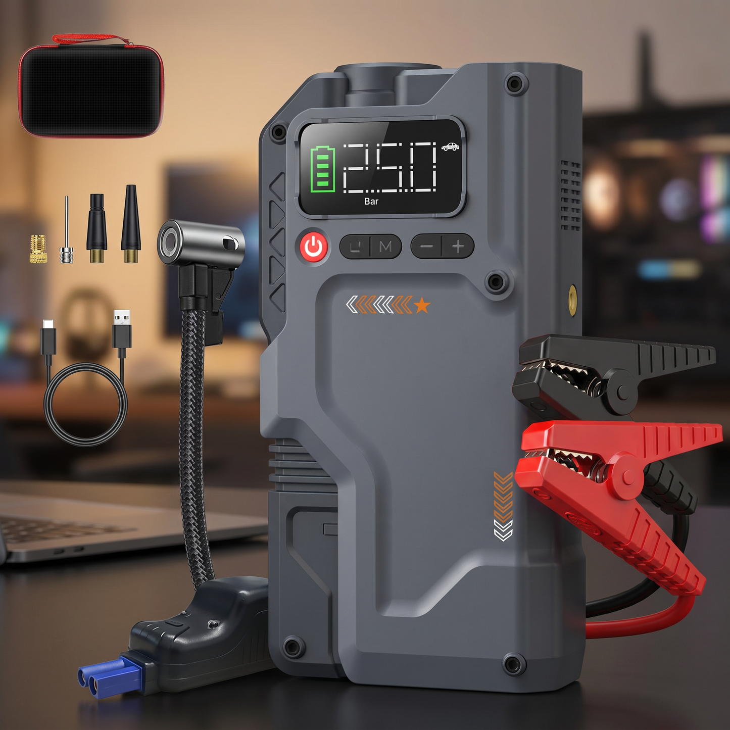 Booster de Batterie 2500A avec Compresseur d'Air Intelligent – Démarrage Rapide 12V